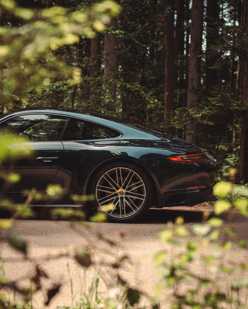 Schwarzer Sportwagen (Porsche) steht am Waldrand auf einer Landstraße, teilweise von grünen Pflanzen im Vordergrund eingerahmt.